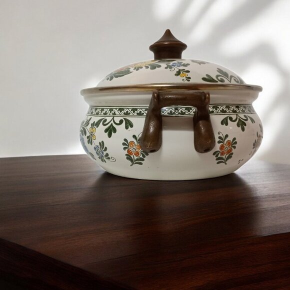 Vintage Asta Enamelware 9" Dutch Oven Soup Pot Wildflower Design Brass Handles - Picture 2 of 8